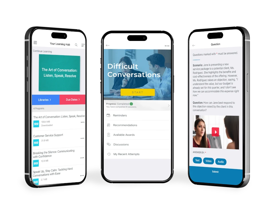Surge9 mobile training application showing interactive learning learning journey